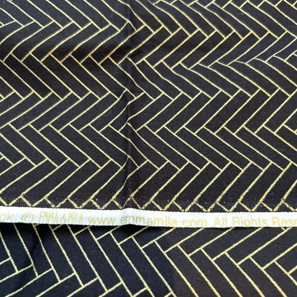 Emma &  Mila Cotton Quilting Fabric Black Gold Herringbone Print 30